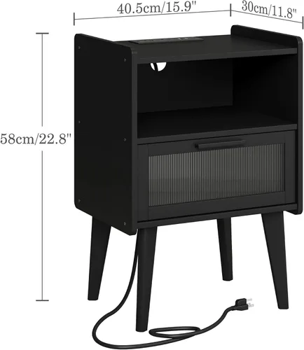 Vista 3 de MMEOLUOOK Mesita de noche con estación de carga, mesitas de noche, mesa auxiliar con espacio de almacenamiento de 2 niveles, para dormitorio, sala