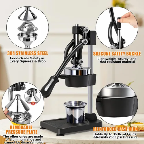 Vista 3 de Exprimidor manual de cítricos de hierro fundido, prensa manual comercial, exprimidor de encimera resistente para jugo de limón naranja fresco, fácil