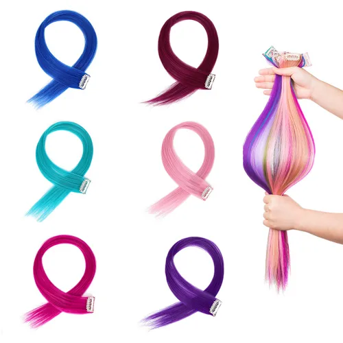 Vista 7 de Extensiones de cabello sintético con clip de 24 pulgadas, extensiones de cabello sintético lacio con reflejos arcoíris para mujeres y niñas, regalo