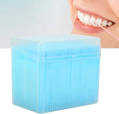 Vista 2 de 1100pcs Double Head Plastic Toothpick, Teeth Cleaning Tooth Picks Oral Care Floss Pick Floss Interdental Brush with Box (Blue)