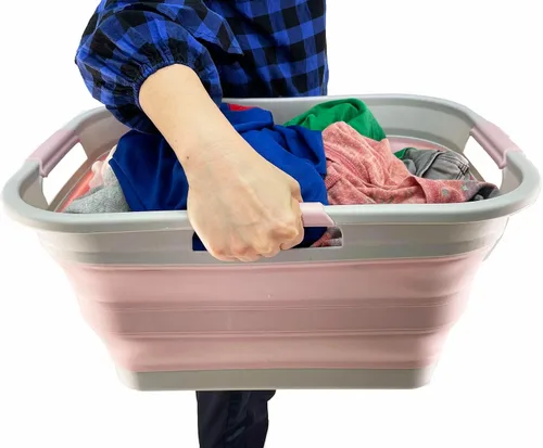 Vista 7 de SAMMART Cesta plegable de plástico de 30 L (8 galones) para lavandería, contenedor de almacenamiento plegable y organizador, tina de lavado