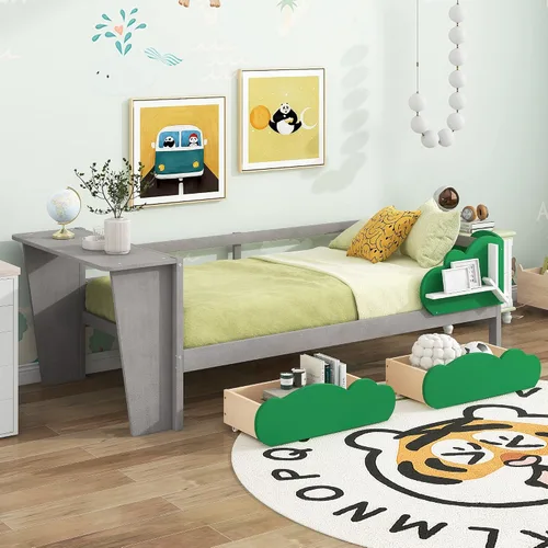 Vista 4 de Anwick Base de cama individual con escritorio y nido, sofá cama de madera con escritorio y estantes en forma de árbol verde, cama de plataforma