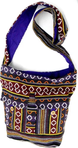 Vista 3 de Bandolera hecha a mano de algodón multicolor para mujer, estilo hippie, estilo bohemio, Malva y marrón, L, Duradero