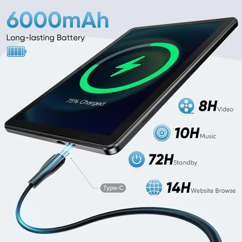 Vista 5 de Tablet de 10 Pulgadas, Tablet Android de 10 Pulgadas Android 15, Octa-Core, 18GB(6+12)RAM+128GB ROM+1TB Ampliable, Pantalla IPS de 1280x800
