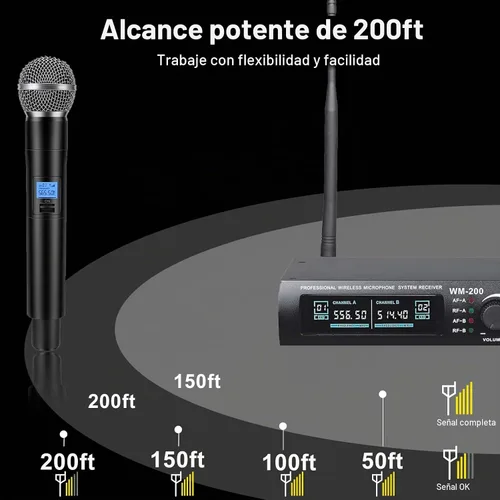 Vista 3 de Sistema de micrófono inalámbrico, juego de micrófono inalámbrico de metal UHF dual, larga distancia de 150 a 200 pies, 16 horas continuas