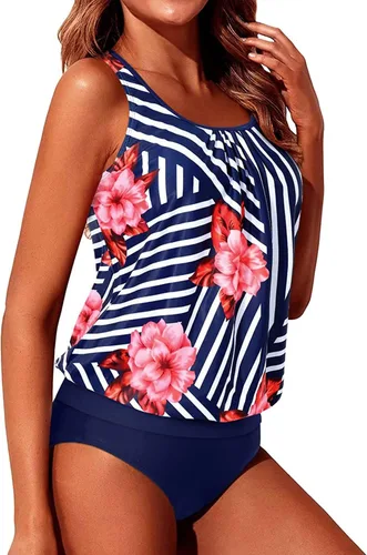 Vista 3 de Yonique - Trajes de baño tipo blusón, estilo tankini de dos piezas para mujer, diseño modesto y con ajuste holgado