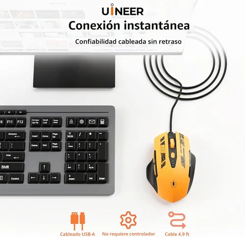 Vista 2 de Uineer Ratón para juegos con cable, ratón USB-A con 6 botones programables 2-Amarillo