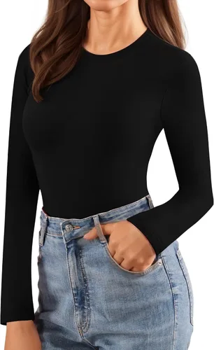 Vista 3 de MANGOPOP Bodysuits for Women Long Sleeve Body Suit Round Neck T Shirt Tops