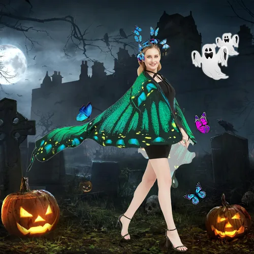 Vista 3 de Disfraz de alas de mariposa para mujer, alas de hada, disfraces de Halloween, capa de mariposa con máscara y diadema Azul-2