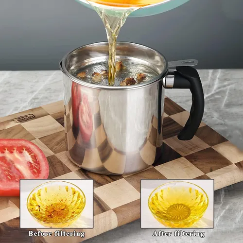 Vista 7 de Berglander Recipiente de grasa de tocino con colador de 47 oz/1.4 L, recipiente de almacenamiento de aceite de acero inoxidable con filtro de malla