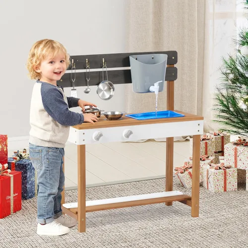 Vista 2 de Cocina de madera para niños, cocina de barro al aire libre con juego de agua y juguetes de cocina, juego en el patio trasero para niños de más de 3
