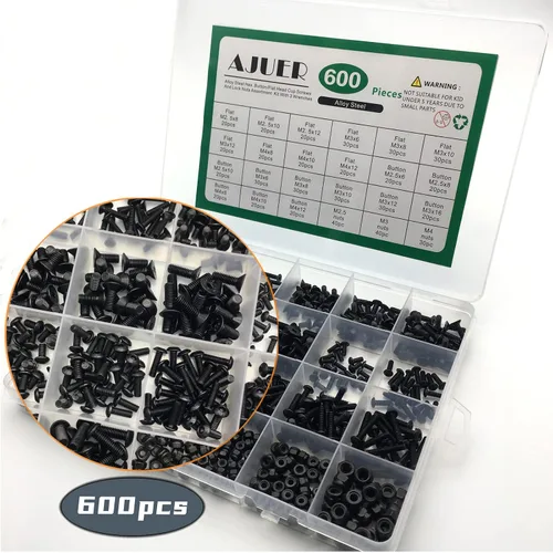Vista 2 de 600 piezas de surtido métrico de pernos M2.5 M3 M4 de acero de aleación hexagonal de botón y cabeza plana, tornillos de máquina y tuercas