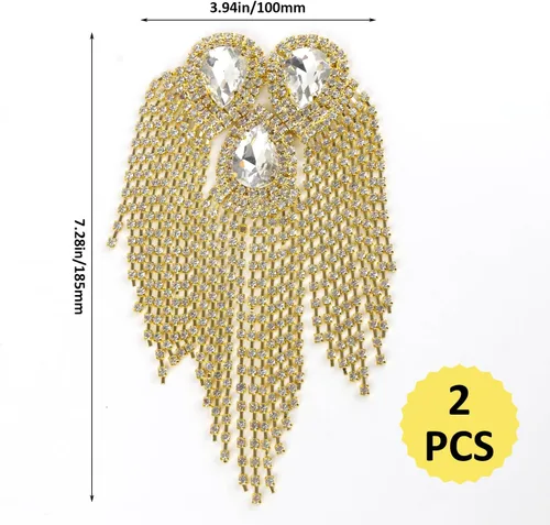 Vista 2 de 2 piezas de charreteras de hombro con flecos de cristal, diseño de gota de agua dorada, apliques de diamantes de imitación para ropa de mujer