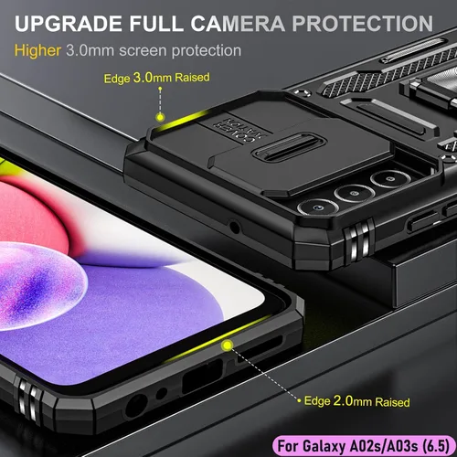 Vista 6 de Funda resistente para Samsung Galaxy A03s/A02S, protección híbrida de goma de doble capa de grado militar con protector de cámara deslizante