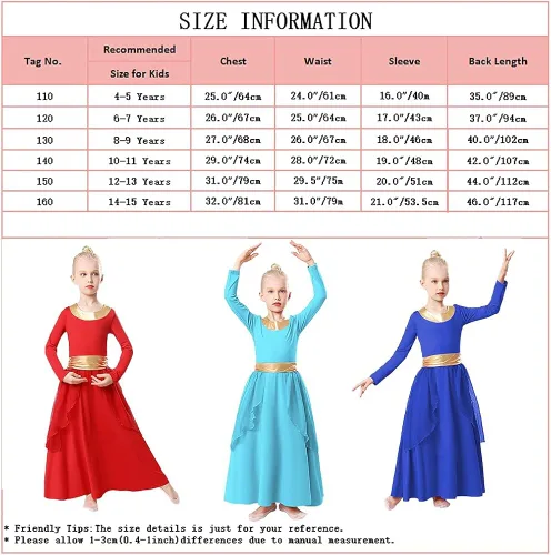 Vista 7 de REXREII - Traje de baile con cintura metálica de manga larga litúrgica para niñas