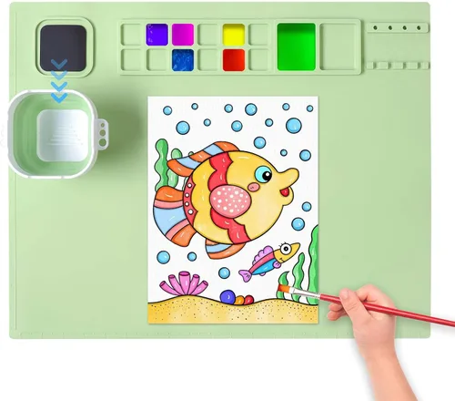 Vista 12 de AWOKE Tapete de pintura de silicona, 20 x 16 pulgadas, tapete de arte de silicona con 1 taza de agua para niños, la alfombrilla de manualidades