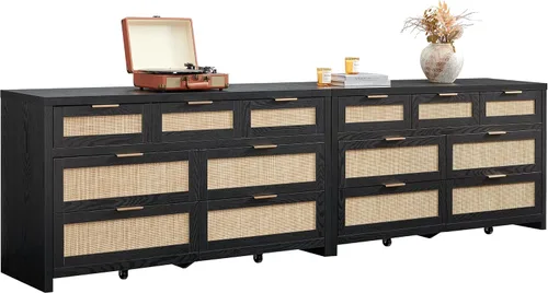 Vista 12 de SICOTAS Cómoda de 7 cajones para dormitorio, cómodas de ratán de 57" de ancho, cómoda grande con cajones para dormitorio, cómoda soporte de TV