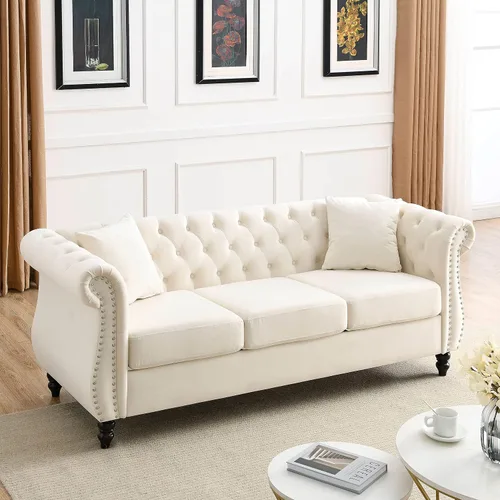 Vista 3 de Sofá Chesterfield de terciopelo beige de 80 pulgadas para sala de estar, 2 piezas, sofá de 3 plazas, con botones copetudos, respaldo curvado, brazos