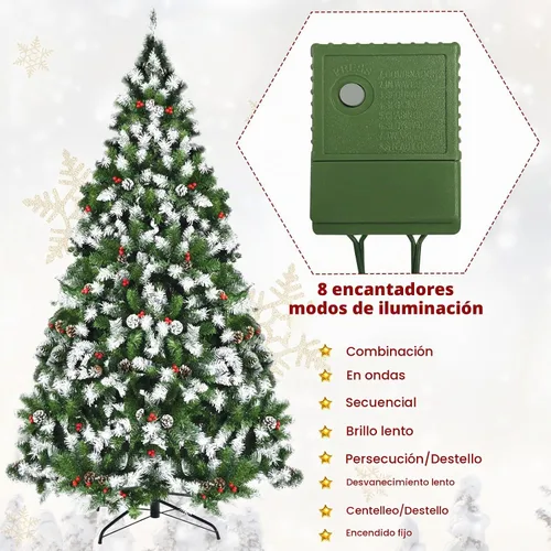 Vista 3 de Goplus - Árbol de Navidad artificial preiluminado de 1.8 m con bisagras, cubierto de nieve, con piñas, bayas rojas y 250 luces LED, 8 modos