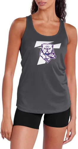 Vista 364 de Camiseta deportiva sin mangas oficial de NCAA Collegiate para mujer, con espalda cruzada, colección con logotipo primario