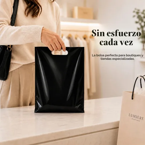 Vista 5 de Paquete de 100 bolsas de compras de plástico negro con asas troqueladas, tamaño de 9 x 12 pulgadas