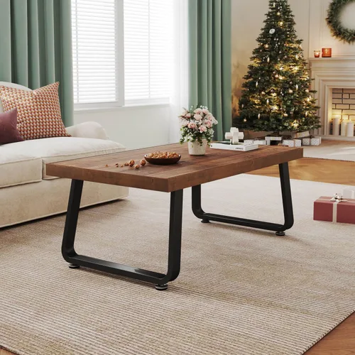 Vista 5 de IBF Mesa de centro rústica, mesa de té de madera maciza industrial, mesa de centro de madera real, mesa de café rectangular moderna y minimalista