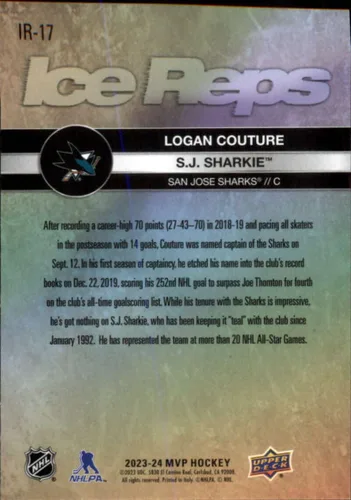 Vista 2 de 2023-24 Upper Deck MVP Hockey Ice Reps #IR-17 Logan Couture/S.J. Sharkie San Jose Sharks Official NHL UD Trading Card