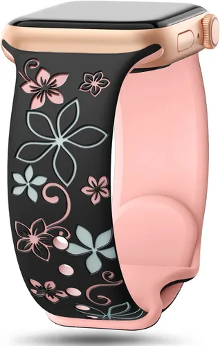 Vista 19 de Bandas con grabado floral compatibles con Apple Watch de 41mm 40mm 44mm 45mm 42mm 38mm 46mm 49mm para mujeres, correa deportiva de silicona suave
