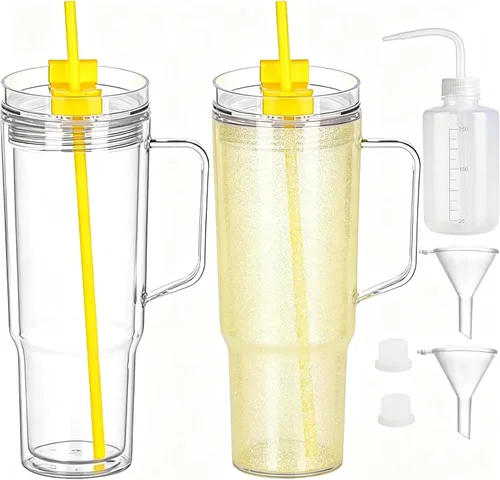 Vista 15 de Vasos de plástico de 40 onzas con asa, tapa de rosca con popote incluido, botella de agua reutilizable de doble pared a prueba de fugas, taza