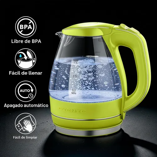 Vista 4 de Ovente Tetera de 1.5 litros libre de BPA, cristal, inalámbrica, eléctrica Verde