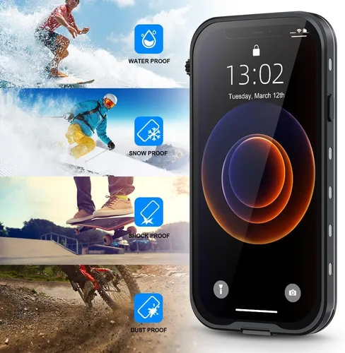 Vista 7 de Funda impermeable para iPhone 12 Mini, cobertura completa IP68, impermeable, a prueba de golpes y polvo con protector de pantalla integrado