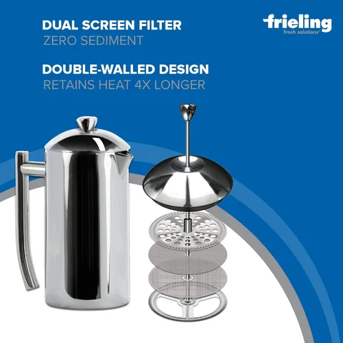 Vista 4 de Frieling USA cafetera francesa de acero inoxidable con paredes dobles con rejilla doble patentada pulida de 36 onzas Estándar- Pulido Pulido