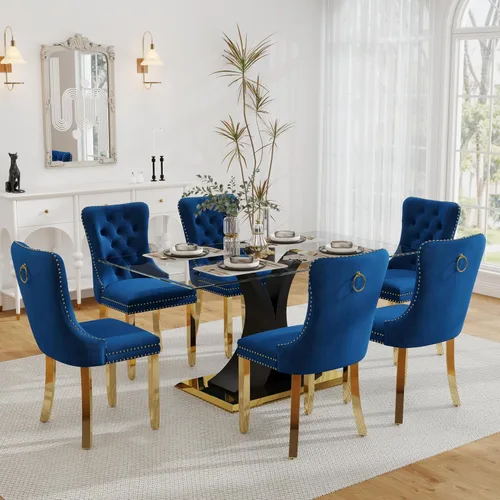 Vista 32 de Juego de comedor de cristal moderno de lujo de 7 piezas, juego de cena rectangular minimalista grande para 6, mesa de cocina de cristal transparente