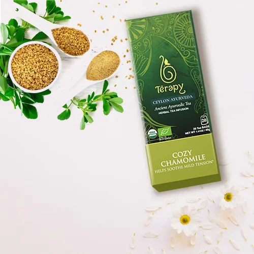 Vista 7 de Térapy Té de Manzanilla de Ceilán Bolsas de té de hierbas orgánicas USDA Ingredientes ayurvédicos 100% naturales incluyendo manzanilla orgánica
