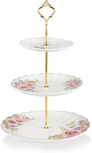 Vista 14 de Sweejar Soporte de cerámica para tartas de 3 niveles, soporte para postres, soporte para cupcakes, bandeja para servir pasteles de fiesta de té