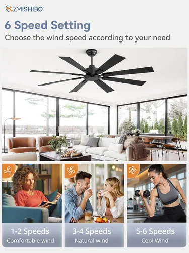 Vista 5 de Ventilador de techo de 62 pulgadas sin luz con control remoto, 8 aspas de motor CC reversible silencioso, 6 velocidades, temporizador, acabado Negro