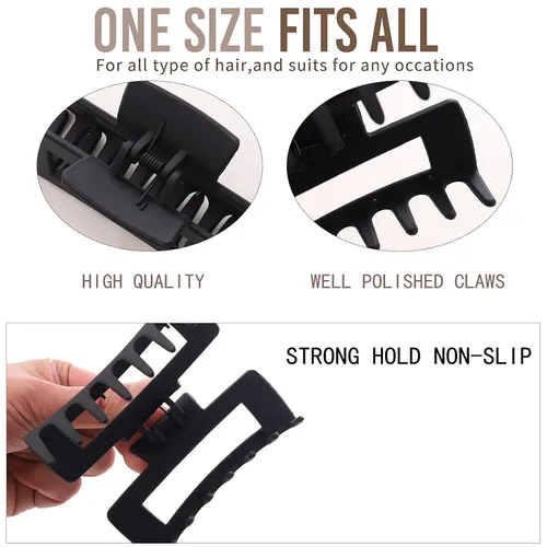 Vista 4 de Paquete de 12 pinzas tipo garra cuadradas negras, pinzas tipo garra rectangulares grandes y pequeñas neutrales, pinzas para cabello grandes mate