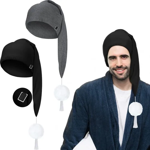 Vista 18 de Geyoga Gorro de dormir de noche de seda ajustable con cordón ajustable para hombre con bola de pompón para uso diario Negro