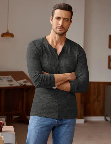 Vista 2 de COOFANDY Paquete de 2 camisetas básicas de algodón para hombre, de manga larga, ligeras, casuales, de algodón