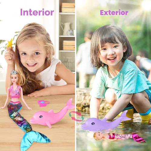 Vista 3 de Juego de muñecas mágicas de sirena para niñas de 4 a 7 años, muñecas de princesa gemelas con delfín morado que cambia de color, trajes de verano