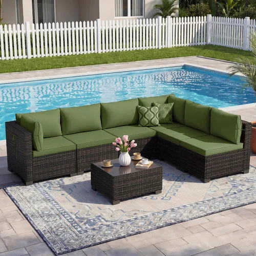 Vista 7 de LEVELEVE Juego de muebles de patio al aire libre, sofá seccional de conversación de ratán de tejido manual con mesa de centro de vidrio templado