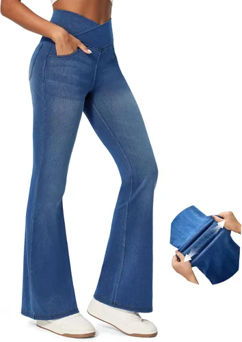 Vista 6 de IUGA Jeans de Cintura Alta Acampanados para Mujeres, Jeans Elásticos Acampanados Pull On de Pierna Ancha, Pantalones Leggings Acampanados con Cruz