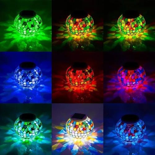 Vista 2 de WSgift - Bola de luz de colores a energía solar con mosaico de vidrio LED para jardín, lámparas de mesa recargables impermeables para exterior