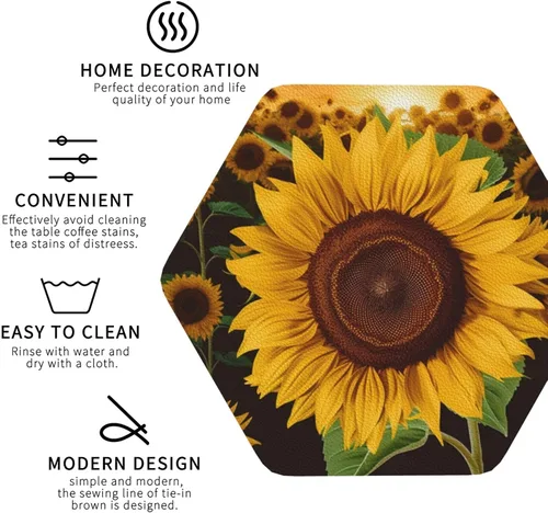 Vista 4 de Hermoso juego de 4 posavasos de cuero con estampado de girasol, impermeables, antiquemaduras, para sala de estar, mesa de café de 4 pulgadas Hexágono