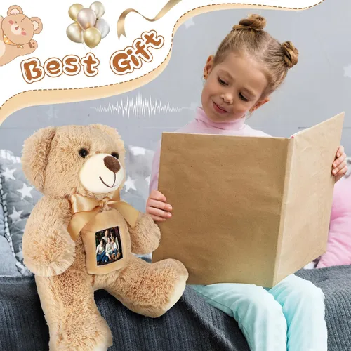 Vista 6 de Libima Oso de recuerdo de 14 pulgadas con grabadora de voz, juguete de peluche suave con un marco de fotos, abrazos, regalo conmemorativo para baby