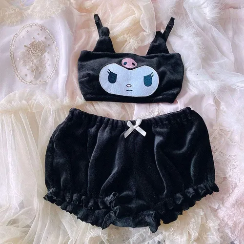 Vista 2 de BZB Lindo conjunto de pijama Kawaii Anime para mujer, dulce y encantador tubo de terciopelo y pantalones cortos, conjuntos de ropa de dormir de dos