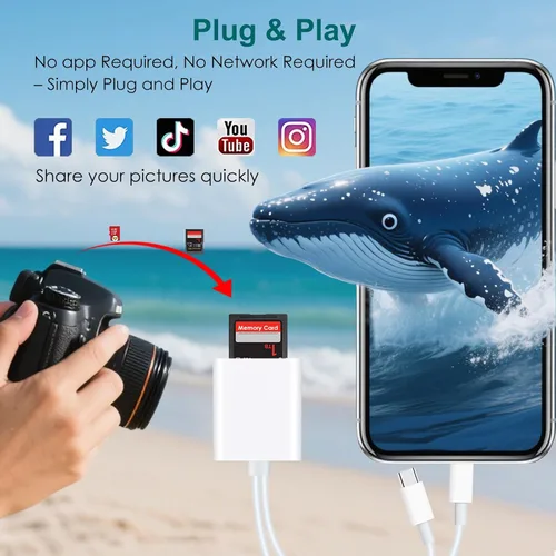 Vista 3 de Lector de tarjetas SD para iPhone iPad, adaptador de tarjeta SD/Micro SD 2 en 1, conector dual (Lightning y USB-C) para tarjetas de memoria SD y TF