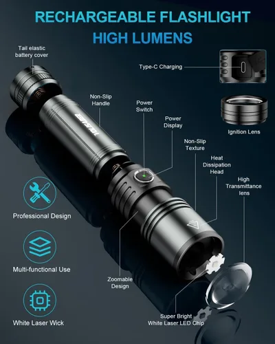 Vista 8 de Linterna LED recargable con lente de encendido, linternas EDC de 1500 lúmenes, 5 modos con zoom, tipo C, linternas tácticas de mano de alta potencia