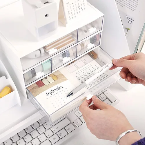 Vista 7 de Organizador de escritorio con cajones, cajones de almacenamiento apilables, caja de almacenamiento de escritorio compacta de plástico, ideal