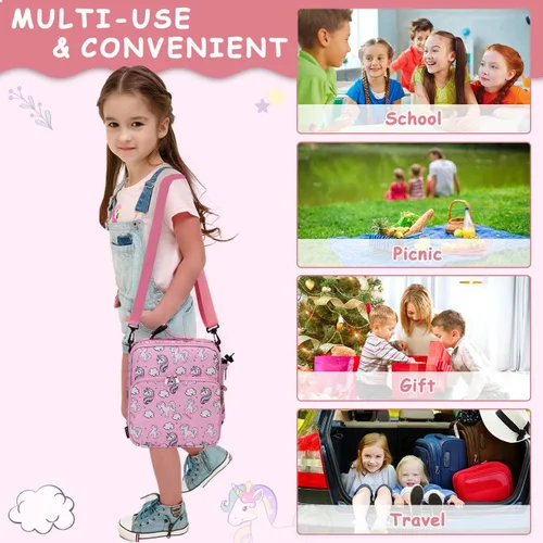 Vista 6 de RAVUO Bolsa de almuerzo para niñas, lonchera aislada para niños, linda bolsa de almuerzo reutilizable de unicornio con correa de hombro desmontable